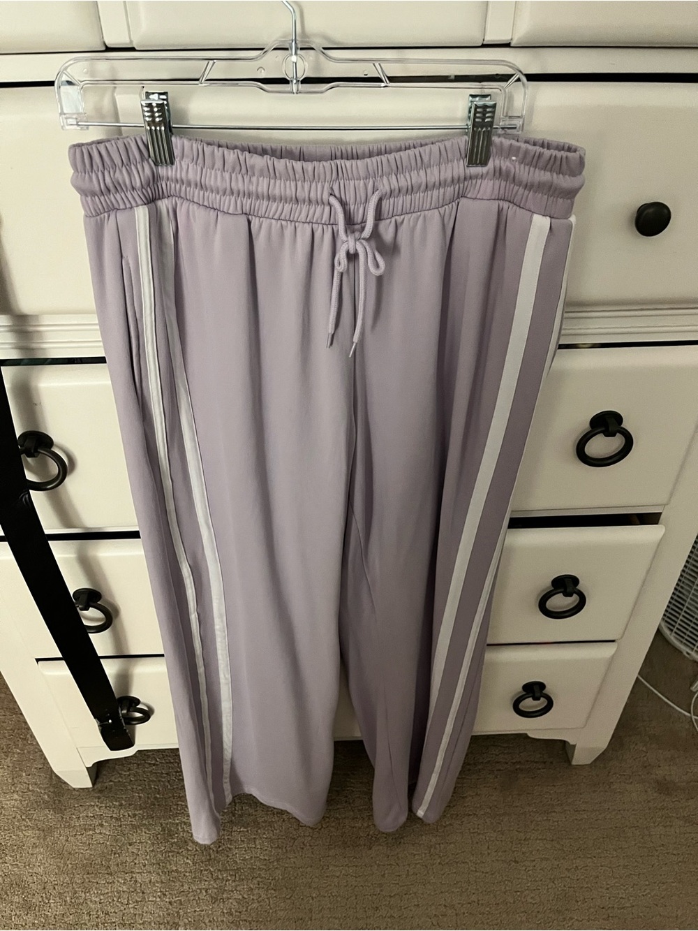 Wide Leg Drawstring Track Pants in Lavender with White Stripes